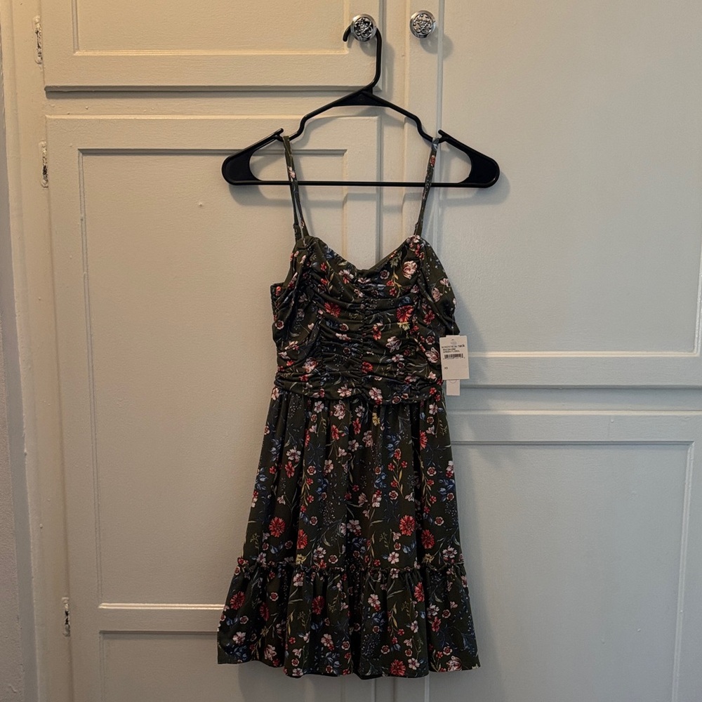 Abound Green Floral Ruched Dress with Red and White Blooms